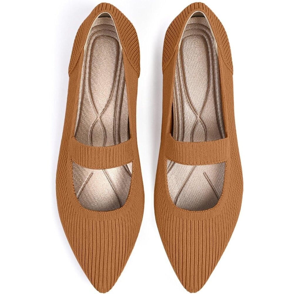 Women's Brown Knit Closed Pointed Toe Comfortable Washable Ballet Flats Shoes